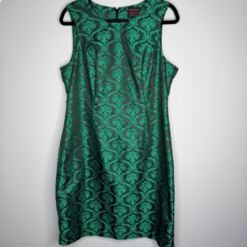 Banana Republic L'Wren Scott Green Black Damask Jacquard Sheath Dress Womens 14